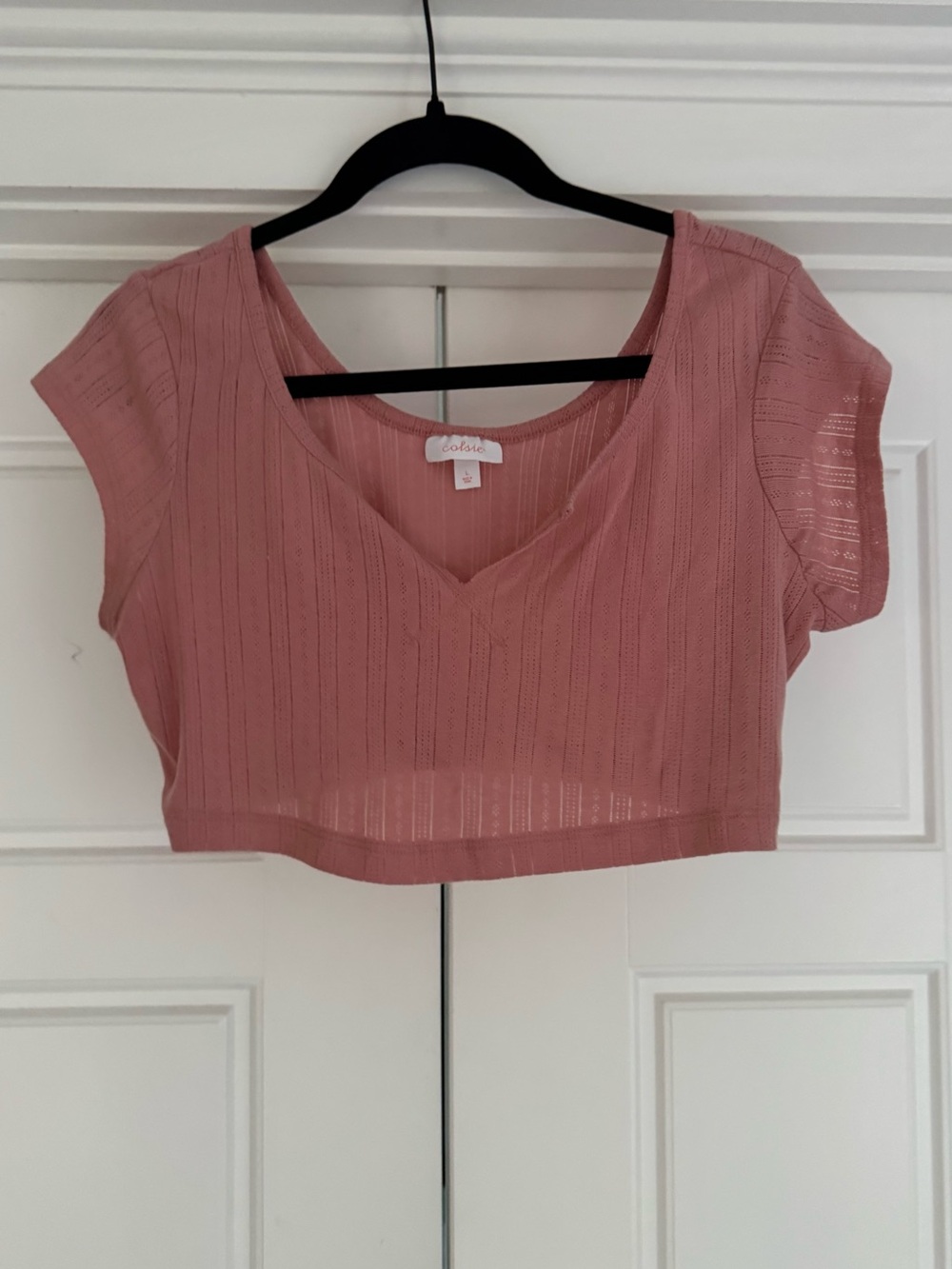 Colsie Short Sleeve Pointelle Crop Top - Rosy Pink, Large
